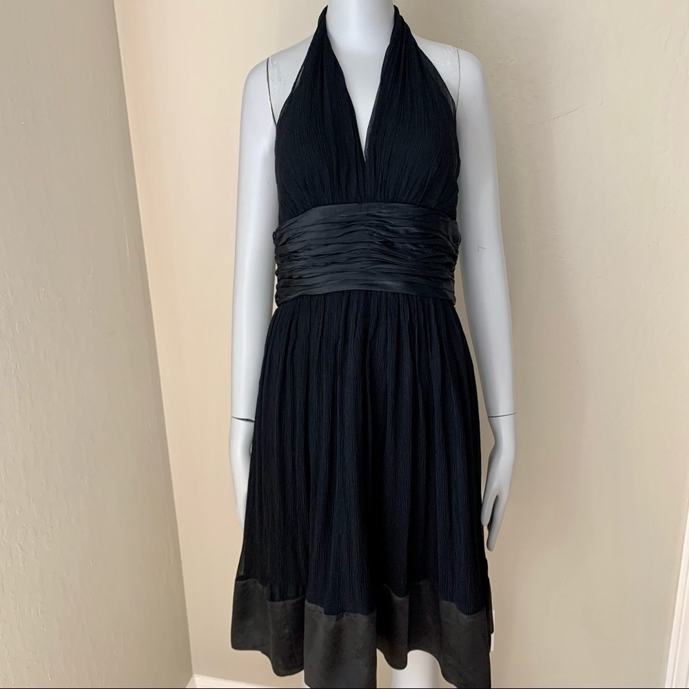 MAGGY LONDON Silk Halter Fit & Flare Midi Dress Black LBD Party Size 6P - Picture 2 of 16